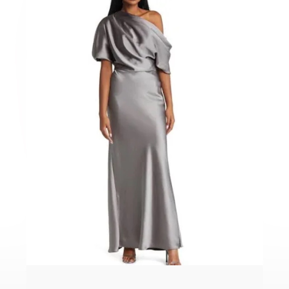 Amsale draped shoulder gown. Gunmetal satin